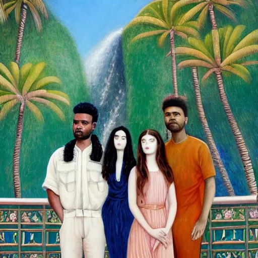 Image similar to a ultradetailed beautiful painting of lorde, frank ocean, the weeknd and lana del rey standing in front of the diamonds waterfall in the amazonas palace balustrade designed by jules bastien - lepage, tarsila do amaral, frank weston and gustave baumann, beach, trending on artstation, mediterranean, palm trees, sharp focus, soft light, 8 k 4 k