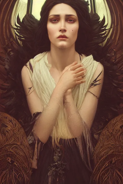 Image similar to a portrait of the Raven Queen, bored, illustration, dramatic lighting, soft details, painting oil on canvas, art nouveau, octane render, HDR, 4k, 8k, HD, by Edmund Blair Leighton, Brom, Charlie Bowater, trending on artstation, faces by Tom Bagshaw, Sargent