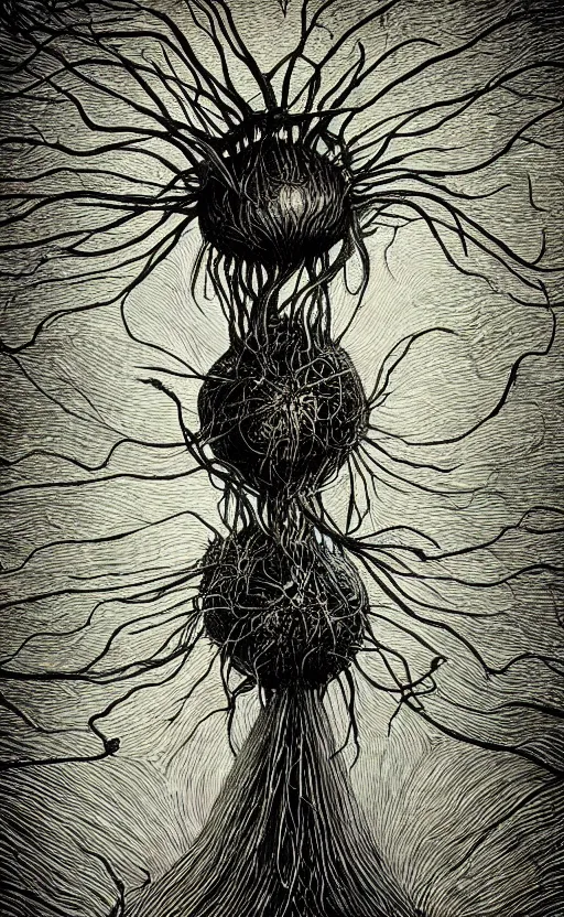 Image similar to portrait of lovecraftian onion surrounded by beams of light dark background by wayne barlow, stanley donwood, anton semenov, zdzislaw bekinski, hr giger, 8 k, fantasy, dark, highly detailed