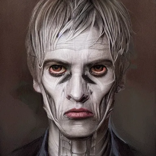 Prompt: surreal portrait of a man by Greg Rutkowski and H.R Giger, symmetrical face, he is about 30 years old, west slav features, short blonde hair with bangs, attractive, smart looking, slim, somewhat androgenic, transformed into a kind of biomechanical transhuman god, disturbing, terrifying but fascinating, with a determined and sinister expression on his face, cosmic void background, frightening, fascinating, highly detailed portrait, digital painting, book cover, artstation, concept art, smooth, sharp foccus ilustration, Artstation HQ