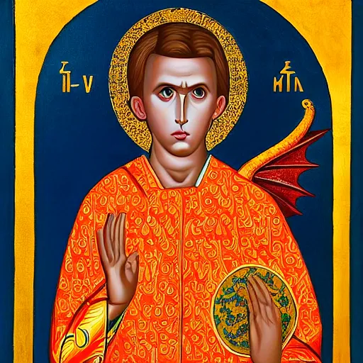 Prompt: The conceptual art features a young boy disguised as a dragon. The boy is shown wearing a costume with dragon-like features, including a long tail, wings, and horns. He has a large grin on his face, suggesting that he is enjoying his disguise. apricot, byzantine icon by Casey Weldon graceful