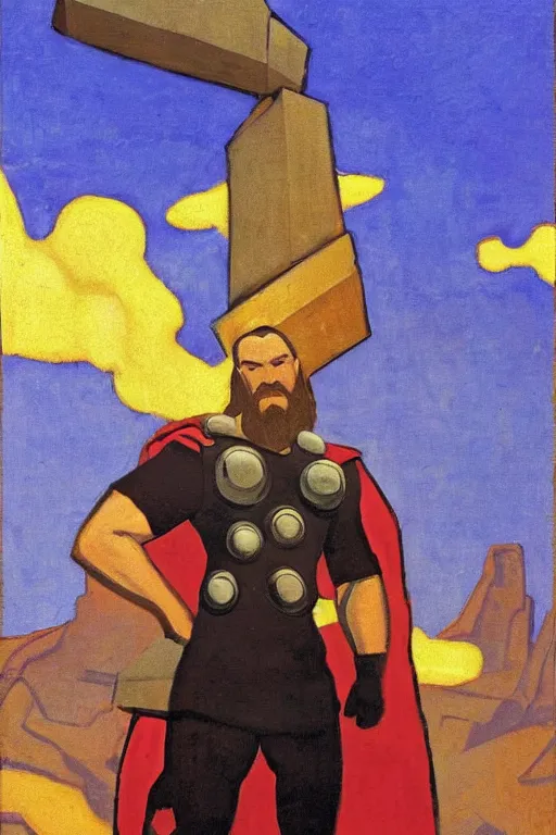 Image similar to thor with hammer, marvel, artwork by nicholas roerich,