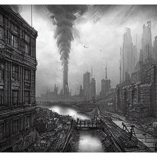 Prompt: dieselpunk city pollution river drawn by gustave dore perspective wide angle