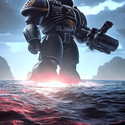 Prompt: a space marine standing on a ship in the oceans of an unknown alien world, award winning, trending on artstation, unreal engine