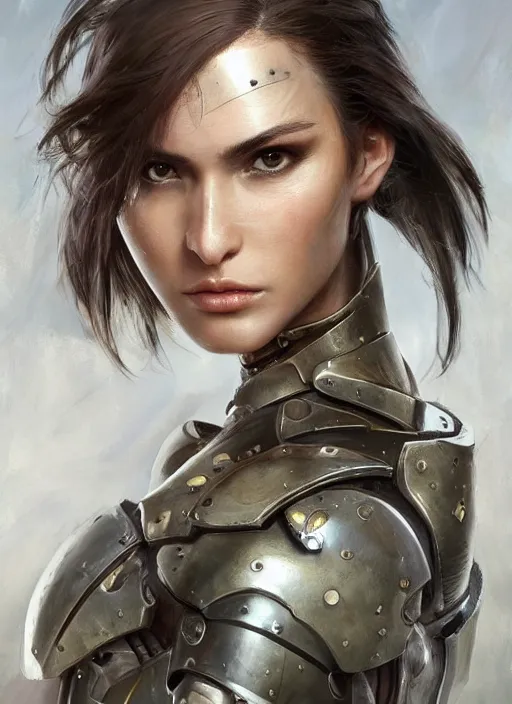 Image similar to a professionally painting of an attractive young female, partially wrapped in battle armor, olive skin, long dark hair, beautiful bone structure, perfectly proportioned, symmetrical facial features, intricate, elegant, heroic pose, digital painting, concept art, smooth, sharp focus, finely detailed, beautifully framed, from Metal Gear, in the mixed styles of Ruan Jia and Mandy Jurgens and Artgerm and William-Adolphe Bouguerea