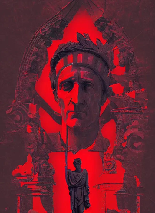 Image similar to design poster showing a statue of julius caesar, black background with very subtle red and purple design elements, powerful, nekro, graphic design, collage art, thin lines, dark, glitch art, neo vaporwave, gritty, layout frame, square, trending on artstation