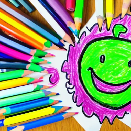 Image similar to a children's drawing of a smiling happy broccoli, he is dancing, vivid bright colors, color pencils are scattered around on the paper