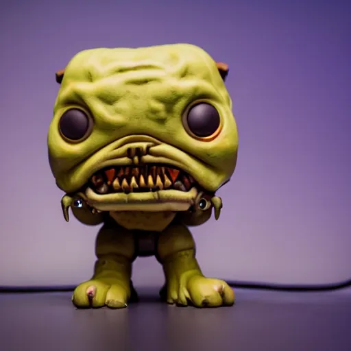 Prompt: funko pop doll of a terrifying lovecraftian giant mechanized bulldog taken in a light box with studio lighting, some background blur