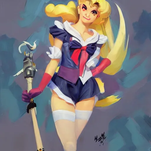 Image similar to greg manchess portrait painting of sailor moon as overwatch character, medium shot, asymmetrical, profile picture, organic painting, sunny day, matte painting, bold shapes, hard edges, street art, trending on artstation, by huang guangjian and gil elvgren and sachin teng