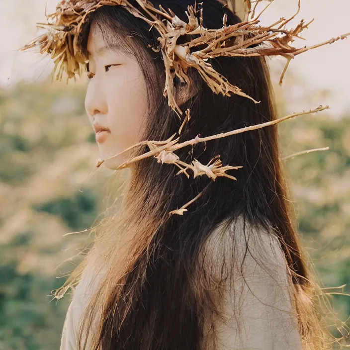 Prompt: A analog head and shoulder frontal portrait photography of an asian woman wearing an intricate twig crown by Annie Leibovitz. Long hair. eyes closed. soft gradient pastel color background. Backlit. Kodak Color Plus 200 film. Tropical mood. detailed. hq. realistic. warm light. muted colors. lens flare. photoreal. Leica M9.