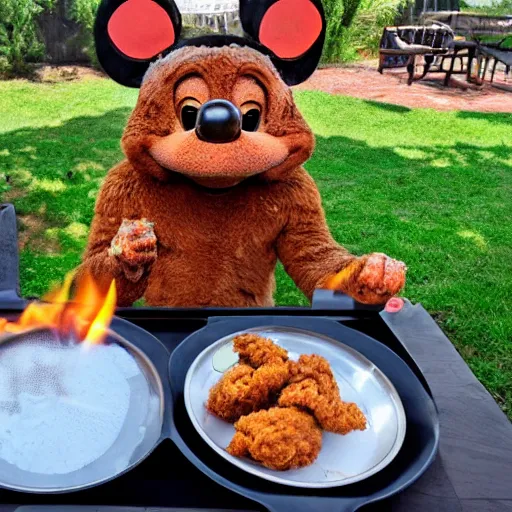 Image similar to animals sit around the fire and fried chicken in disney styles