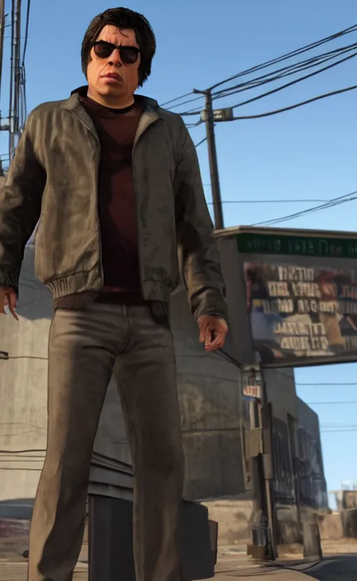 Image similar to benicio del toro in gta v as loading screen character