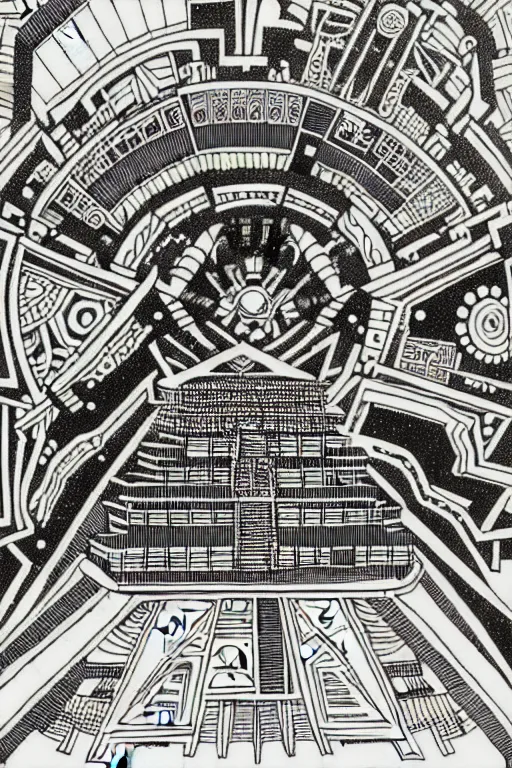 Prompt: a black and white drawing of an ancient future mayan temple mandala cityscape, a detailed mixed media collage by hiroki tsukuda and eduardo paolozzi and moebius, intricate linework, sketchbook psychedelic doodle comic drawing, geometric, street art, polycount, deconstructivism, matte drawing, academic art, constructivism