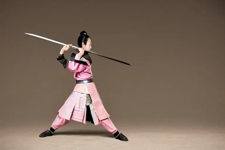 Image similar to beautiful photo of a young female samurai, practising sword stances, symmetrical face, beautiful eyes, realistic anime art style, large oversized anime style sword, highly detailed, 8 k, award winning photo, muted pastels, action photography, 1 / 1 2 5 shutter speed, dramatic lighting