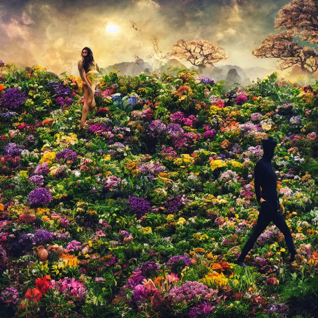 Image similar to a planet of various flowers, fungus and plants, in which the human figure is dressed in something magical and impressive, inside the picture is infinity, sunset light, Atmospheric phenomenon, artistic photography, muted colors, conceptual, long exposure outside the city