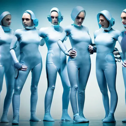 Image similar to troop ofcloned women with white bob hairdos, tight light blue neopren suits, futuristic production facility, sci - fi, highly detailed, cinematic