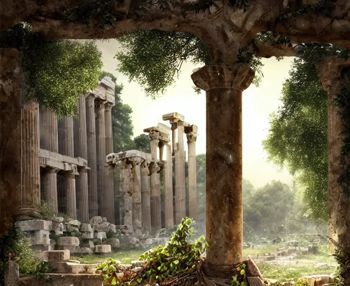 Prompt: a tree growing in ancient greek ruins, gray wasteland, many scrap cars, trash, rubble, overgrown, pillars and arches, flowers, vines, hyperrealistic, highly detailed, cinematic, ray of golden sunlight shining on the tree, beautiful, cgssociety, artstation, 8 k, oil painting by greg rutkowski, by artgerm, by wlop