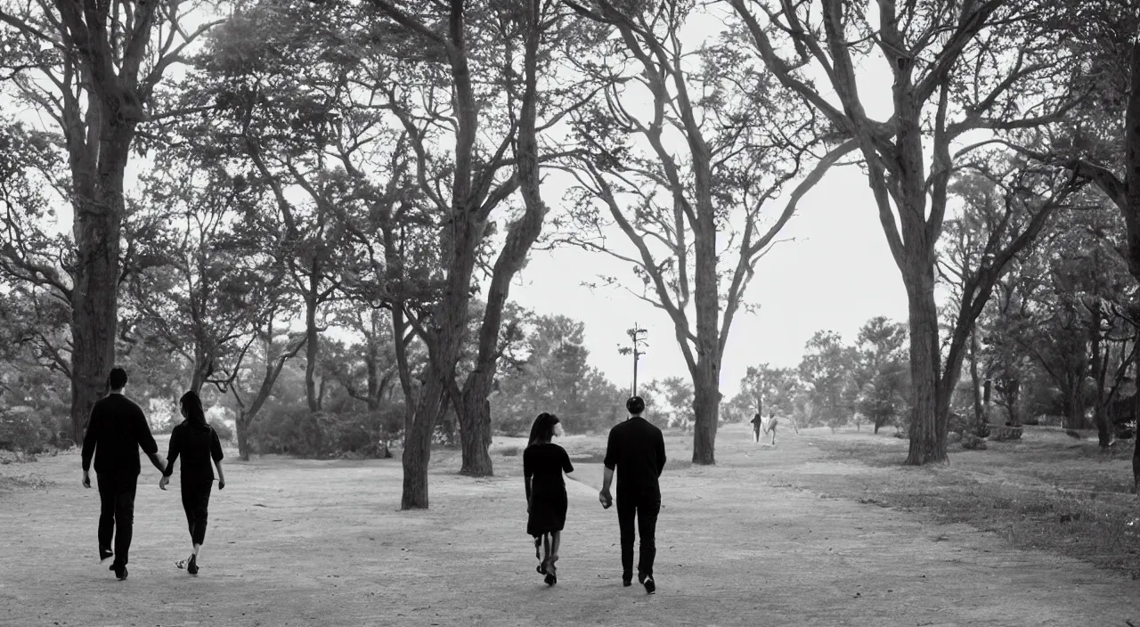 Image similar to a couple walking, cinematic lighting, wow, establishing shot