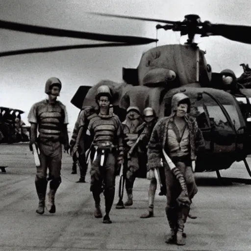 Prompt: sacred band of thebes on helicopters in vietnam, old - school movie