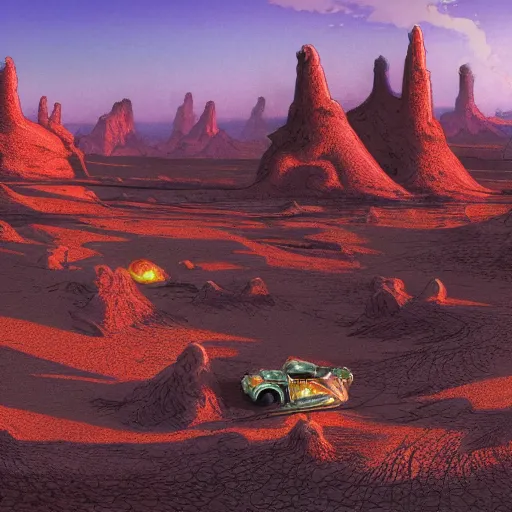 Prompt: porcelain fort, alien desert, multiple suns, lush desert flora, some riders off in the distance, wide angle, late afternoon, 4 k, illustrated by moebius, highly highly highly detailed, saturated