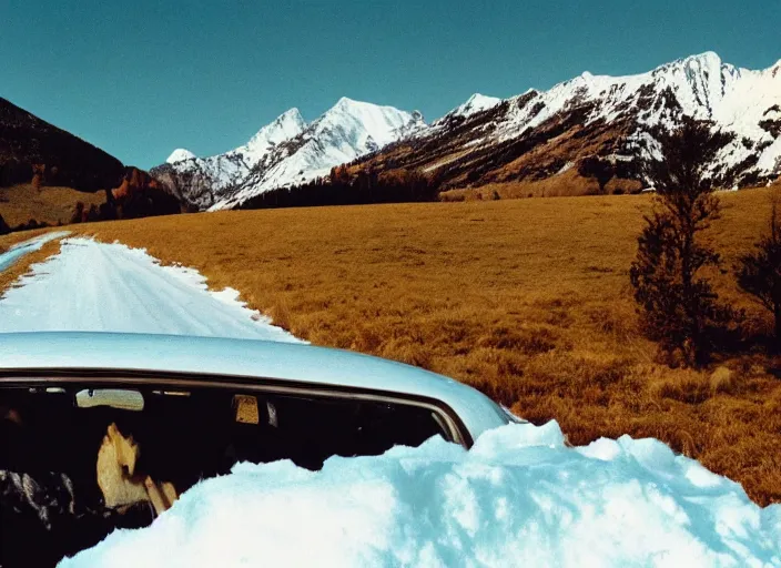 Image similar to A very high resolution image from a new movie, landscape from a car window , mountains, snowy, snowy mountains, Polaroid, directed by wes anderson