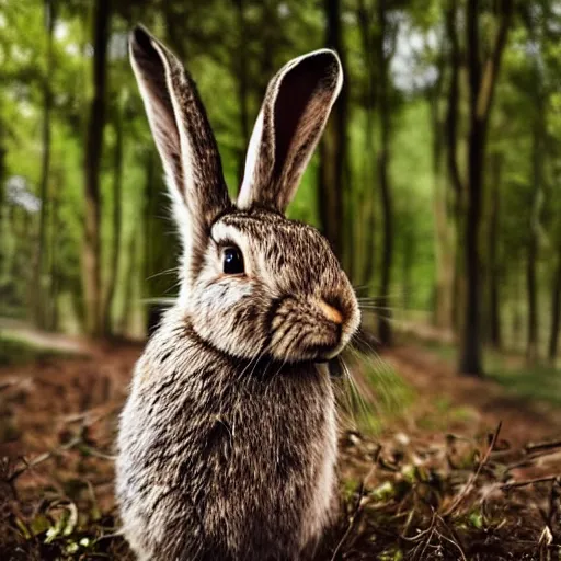 Prompt: wise rabbit smoking in the woods, realistic photography
