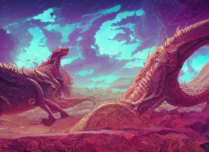 Image similar to psychedelic concept art of a dragon landscape made of thousands of spiraling dragons, cel shaded, in the style of makoto shinkai and moebius and peter mohrbacher and anton fadeev