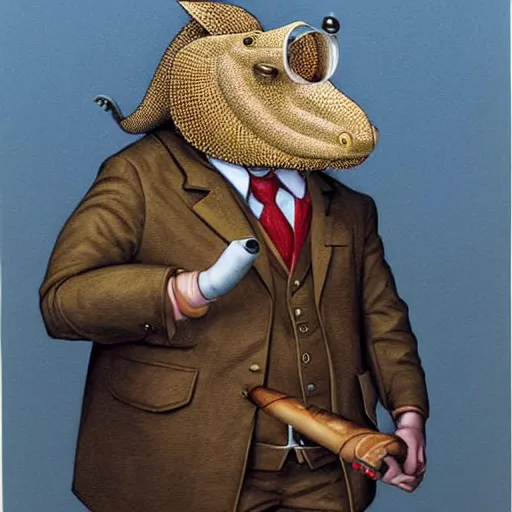 Image similar to Portrait of an anthropomorphic Armadillo crime boss smoking a cigar and wearing an eyepatch. Very high quality. Drawn by James Christensen