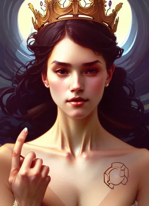 Image similar to queen, dainty wilder face, incredibly detailed face, pretty face, light dress, true anatomy, art by artgerm and greg rutkowski and alphonse mucha