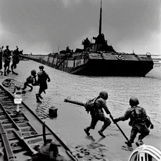 Prompt: shrek landing at d day, black and white world war 2 photograph historical