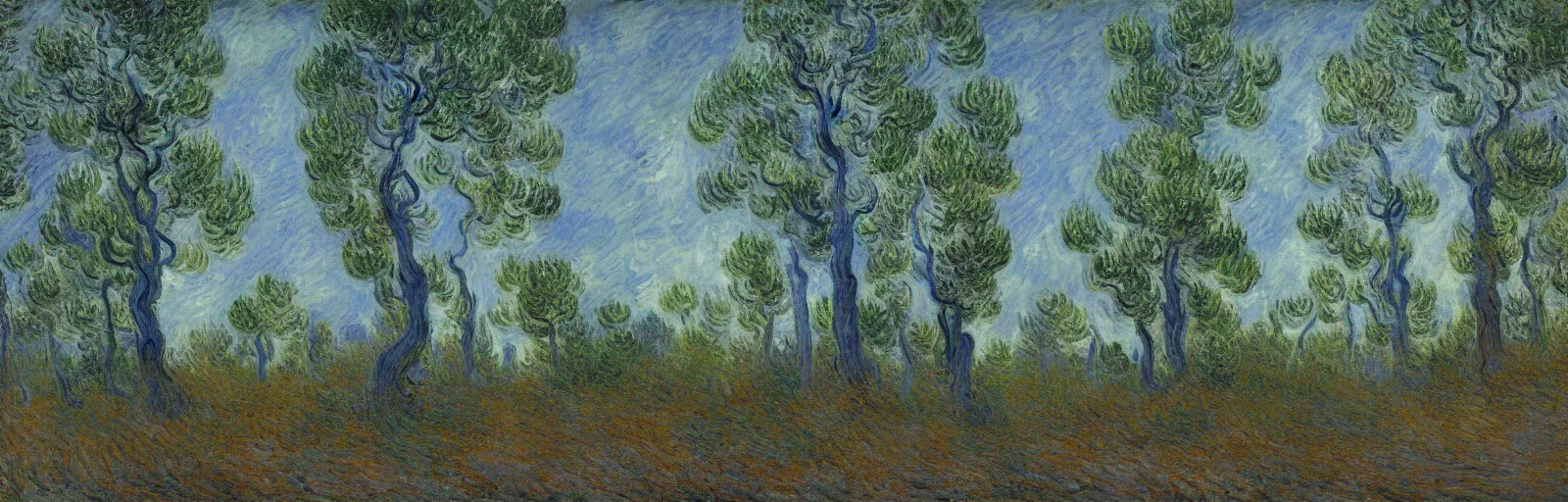 Image similar to An aesthetically pleasing, dynamic, energetic, lively, well-designed digital art of juniper trees in a forest at night in a low mist, light and shadow, chiaroscuro, by Claude Monet and Vincent Van Gogh, superior quality, masterpiece, excellent use of negative space. 8K, superior detail.