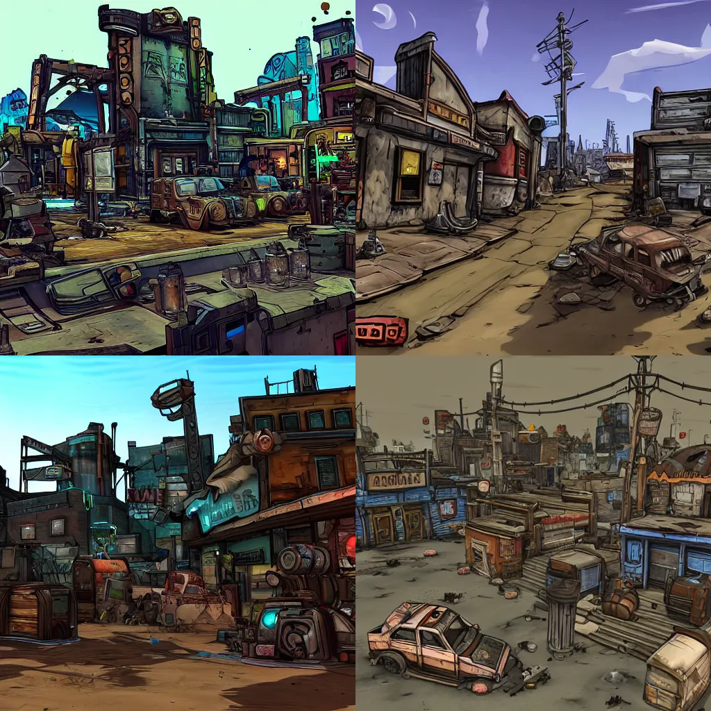 Prompt: a town made of scrap in the style of borderlands by gearbox software, cel-shaded