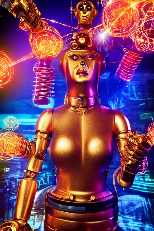 Prompt: portrait photo of a giant huge golden and blue metal humanoid steampunk cyborg female waitress with a human face holding big cocktails with sparlers on a tray and gears and tubes, eyes are glowing red lightbulbs, shiny crisp finish, 3 d render, 8 k, insaneley detailed, fluorescent colors, background is multicolored lasershow