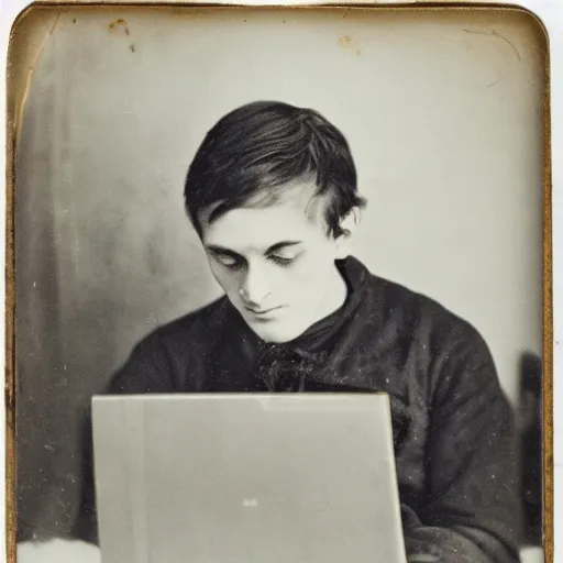 Image similar to Young man in 1910 working on a laptop, daguerreotype photo, HD