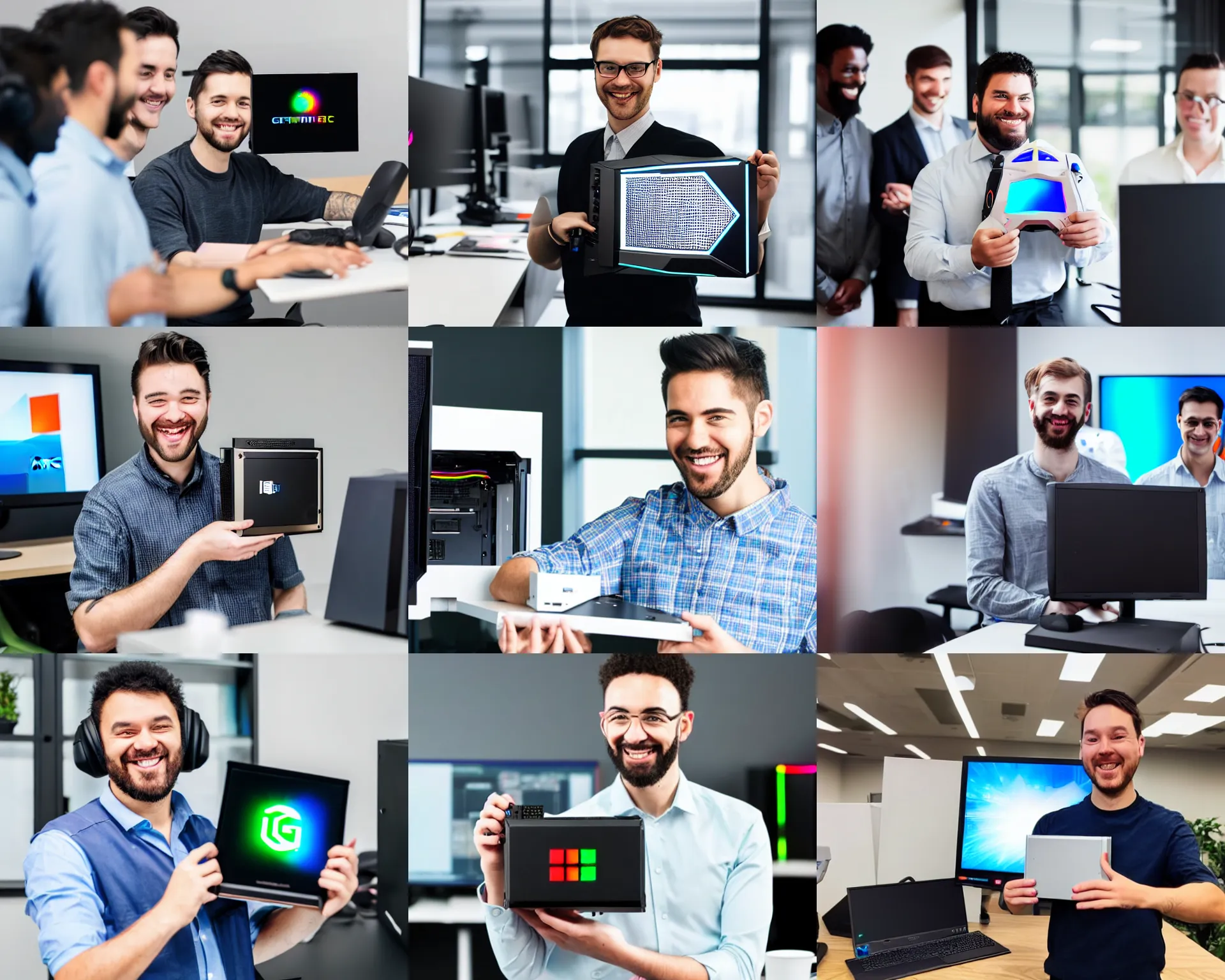 Prompt: photograph of an office worker smiling and holding a rgb gaming pc in his arms at work, his coworkers are not amused and are staring at him