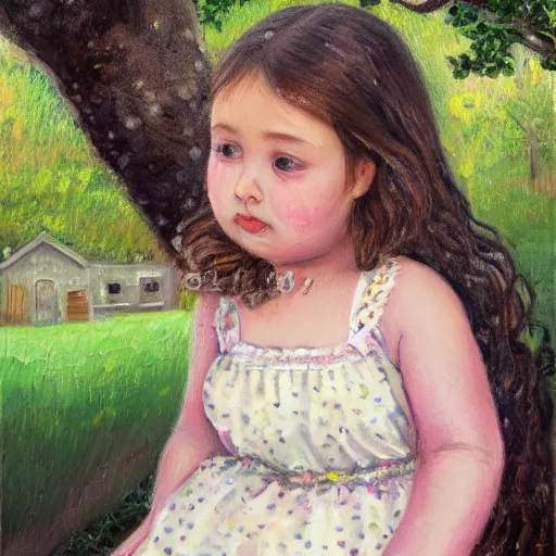 Prompt: a beautiful fat sweet little girl oil painting. polka dress. clear sweet face. flowers. tree. old house. beautiful hair. very realistic shiny skin. subsurface scattering shiny skin. beautiful lighting, 4 k post - processing, trending in art station, cg society, highly detailed, 5 k extremely detailed, 3 d. cinematic scene. sharp image