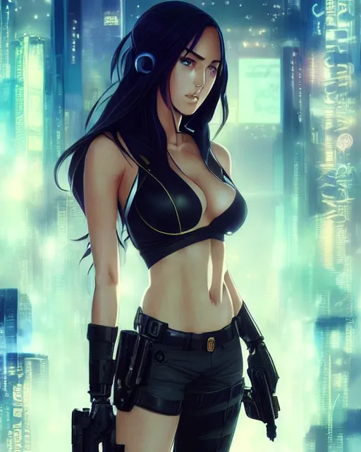 Prompt: anime key visual of megan fox police officer, cyberpunk, futuristic, perfect eyes, stunning features, perfect face!!, high details, digital painting, artstation, smooth face, soft focus, illustration, art by artgerm and greg rutkowski and alphonse mucha