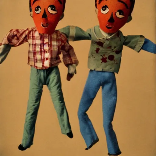 Prompt: 1 9 5 0 s children puppets on strings leaping towards you, scary, fear, horror, thriller, cinematic still, jumping towards viewer, jump scare, pov, polaroid,