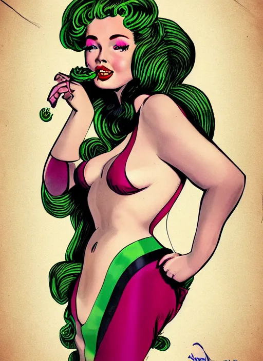 Prompt: Medusa in pin up style and 70ies clothing, trending on artstation