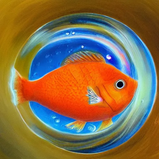 Prompt: very high detailed painting of a small orange fish swimming in a bubble