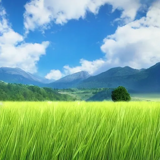 Prompt: A field of grass gently rolls downhill away from perspective towards a river, mountains in distance, fluffy clouds dot a deep blue sky, hyper realistic