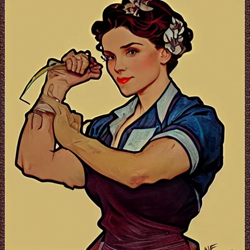 Image similar to a portrait of Rosie the riveter by Alphonse Mucha, art nouveau card, concept art, wlop, trending on artstation, 8k