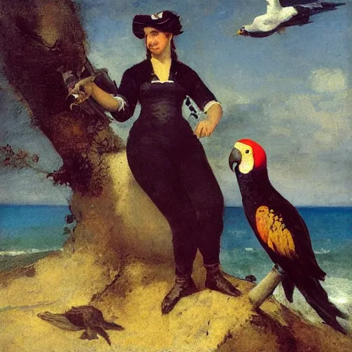 Image similar to female pirate with many parrots. Oil painting by Gustave Courbet, Jules Breton, Jean-François Millet, Émile Friant