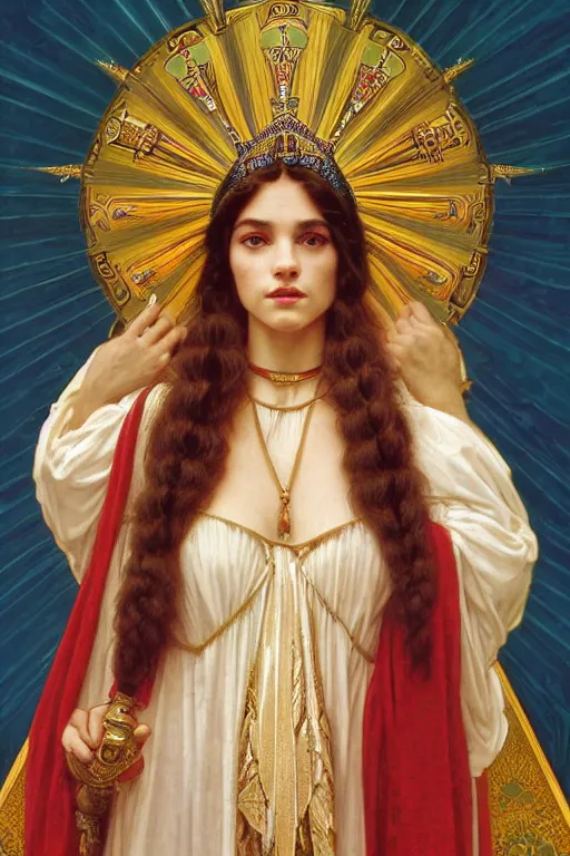 Image similar to Portrait of historically accurate, biblical, sneering, young, wicked, terrible, evil, pagan, beautiful, queen jezebel of ancient Israel, wearing gilded robes, long hair, intricate, elegant, highly detailed, masterpiece, illustration, art by artgerm and greg rutkowski and alphonse mucha and Wayne Barlowe and william-adolphe bouguereau, highly detailed, trending on artstation, award winning