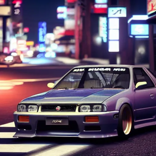 Image similar to a nissan skyline r 3 2 drifting in the japanese streets at night, 3 d render, realism, octane render, synthwave, highly detailed