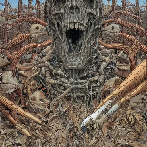 Prompt: an impossible nightmare beyond comprehension, very very detailed painting by geof darrow and greg rutowski and hr giger