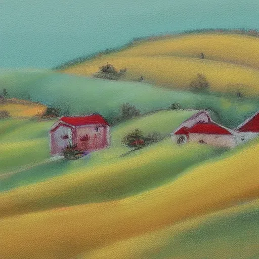 Prompt: new england houses among hills and fields, light pastel style painting