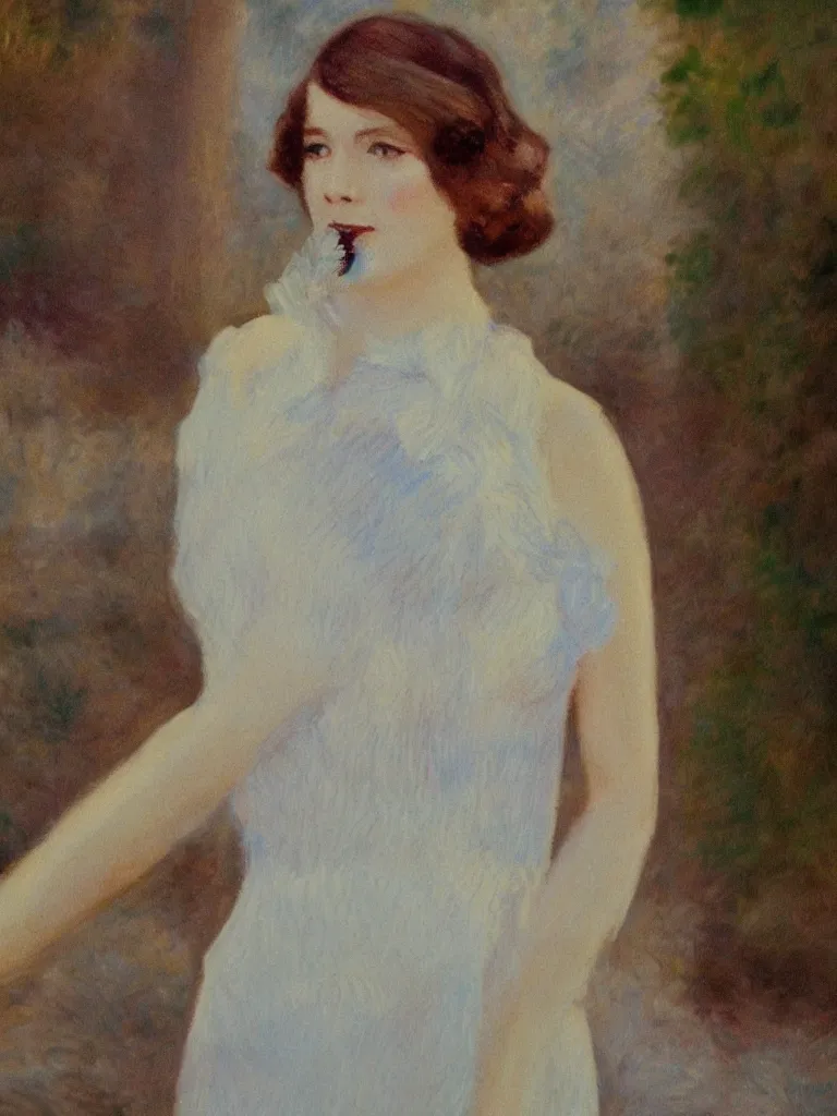 Image similar to portrait of < zelda fitzgerald > as a beautiful young lady wearing 1 9 2 0 s fashion, blurry face, brown hair, slim, fair, severe out of focus, depth of field, pleinairism, in the sun, backlit, closeup, oil on canvas, atr by monet, in the style of le promenade, smooth, impressionnisme, 8 k