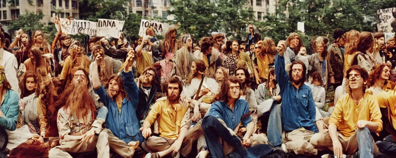 Prompt: hippies protesting spaghetti, 1 9 6 0's, high detailed face, realistic faces, small details, intricate, canon 5 0 mm, wes anderson film, kodachrome