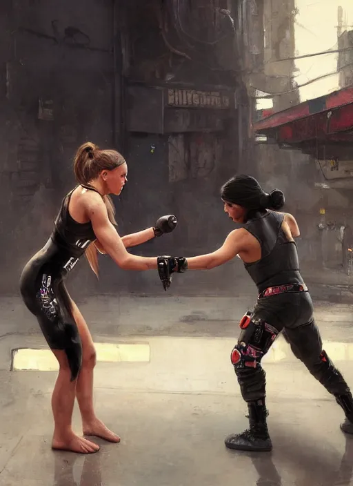 Prompt: ronda rousey vs thug. armbar. cyberpunk mercenary in a cyberpunk jumpsuit ( blade runner 2 0 4 9, cyberpunk 2 0 7 7 ). orientalist portrait by john william waterhouse and james gurney and theodore ralli and nasreddine dinet, oil on canvas. cinematic, hyper realism, realistic proportions, dramatic lighting, high detail 4 k